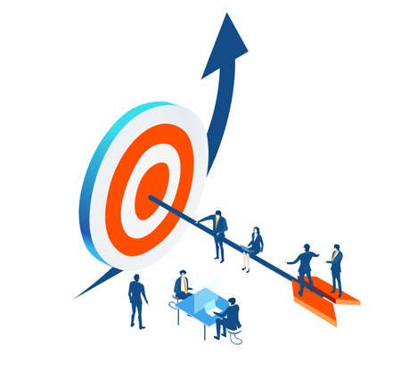 Business people working next to target, helping each other to solve the problems, supporting and working together. Isometric iconographic of business working space with people, business conceptのイラスト素材