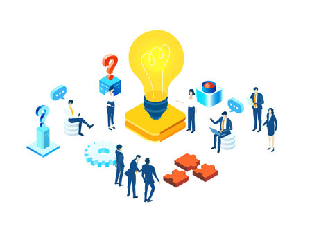 Isometric environment design with lots of business people working in office next to light bulb,...
