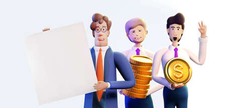 3D rendering illustration. Happy business people, bankers and business man holding golden coins as symbol of success. Happy business people ready to help and work togetherの写真素材