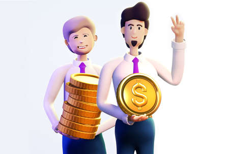 3D rendering illustration. Happy business people, bankers and business man holding golden coins as symbol of success. Happy business people ready to help and work togetherの写真素材