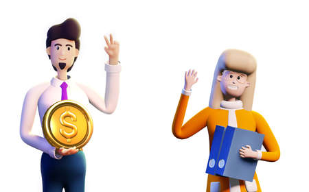 3D rendering illustration. Happy business people, bankers and business man holding golden coins as symbol of success. Happy business people ready to help and work togetherの写真素材