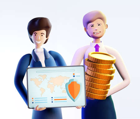 3D rendering illustration. Happy business people, bankers and business man holding golden coins and bank card as symbol of success. Happy business people ready to help and work togetherの写真素材