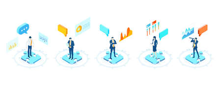 Isometric environment design with  business people working in data centre, achievement, goal, analysing and controlling idea. Business iconsのイラスト素材