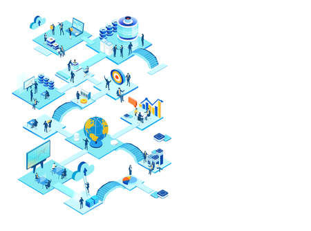 Isometric environment design with lots of business people working in office, analysing data, solving problems, finding solutions. People working in server roomのイラスト素材