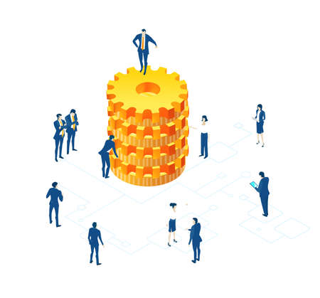 Isometric environment design with  business people working together next to gears. Sorting problems,  achievement, goal, analysing and controlling idea. Business iconsのイラスト素材