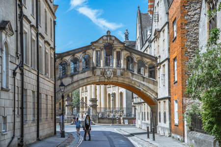 Oxford, UK - June 2, 2021: Hertford Bridge, Hertford college. Oxford University campus buildings.