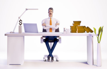 3D rendering illustration. Successful banker working by his desk. Office working environment. Busy...