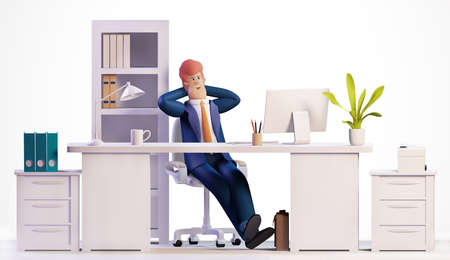 3D rendering illustration. Happy successful businessman working in his office by the desk. Office working environment. Busy businessman working with computerの写真素材