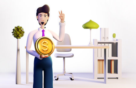 Businessman holds golden coins. Banker, successful businessman, investor. 3D rendering illustrationの写真素材