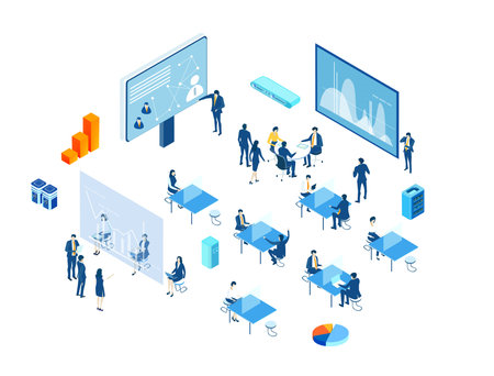Isometric 3D business concept environment, Business people working in server room, technology, big...