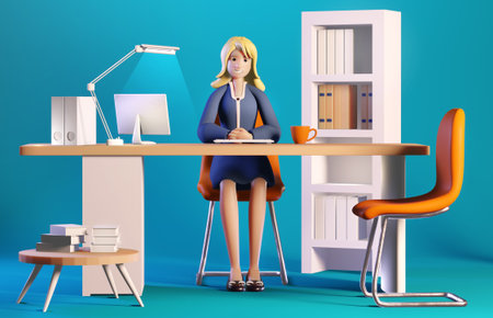 3D rendering illustration. Successful businesswoman working by his desk. Office working environment....