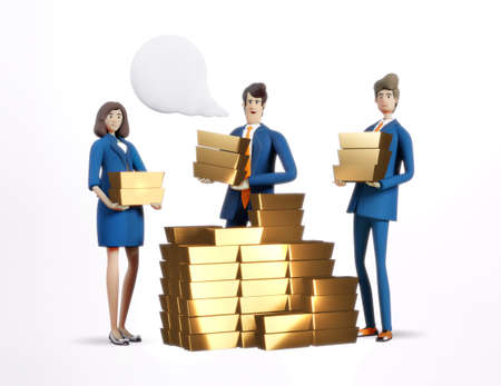 Business people caring gold bars. Successful bankers stand next to gold bars. Economy, banking, savings, investment protection concept. 3D rendering illustration.の写真素材