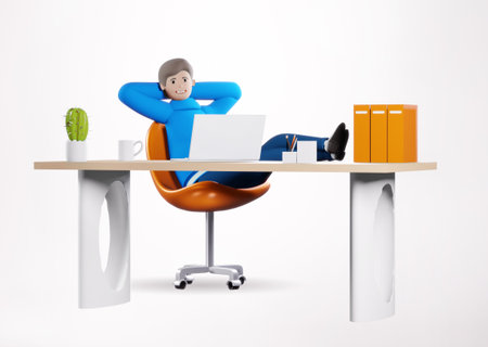 3D rendering illustration. Successful happy businessman working in office by his desk. Office...