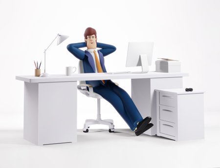 3D rendering illustration. Successful happy businessman working in office by his desk. Office working environment. Busy businessman working with computer, thinking, dreamingの写真素材