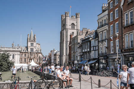 Cambridge, UK - July 16, 2021:  King's  street view with restaurants, shops and walking peopleのeditorial素材
