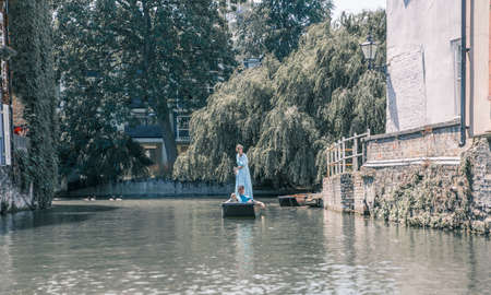 Cambridge, UK - July 16, 2021: River Cam and Punting boats with touristsのeditorial素材