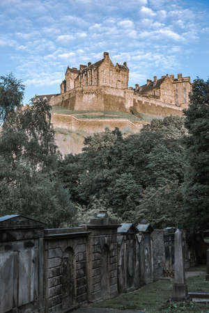 Edinburg, UK - August 23, 2021: Edinburg castle view at evening. View from the Princes Street Gardensのeditorial素材