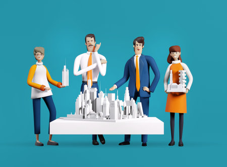Group of young successful architects, creative people discussing new architectural project, city...