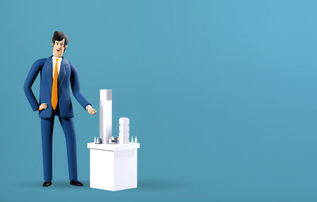 3D rendering illustration. Successful smiling architect,  businessman stands next architectural...