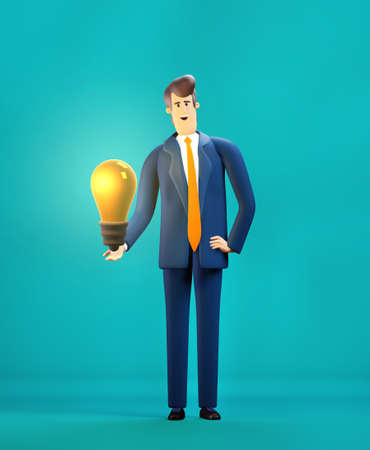 3D rendering illustration. Successful smiling businessman in suit holds big light bulbの写真素材