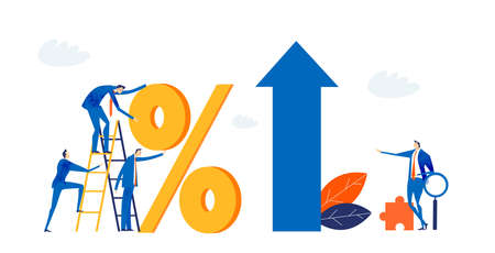 Business people working next to percentage sign. Economy, finance industry, research, advisory, analysing data. Business concept  illustrationのイラスト素材
