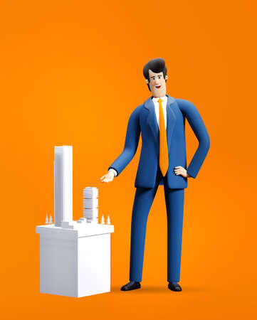 3D rendering illustration. Successful smiling architect,  businessman stands next architectural project. Demonstration of new investment. business project, new city development.の写真素材