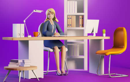 3D rendering illustration. Successful happy business woman working in office by his desk. Office working environment. Busy businessman working with computer, thinkingの写真素材