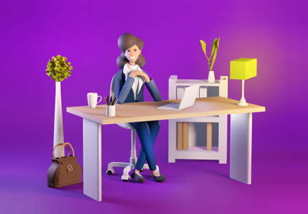 3D rendering illustration. Successful happy business woman working in office by his desk. Office working environment. Busy businessman working with computer, thinkingの写真素材