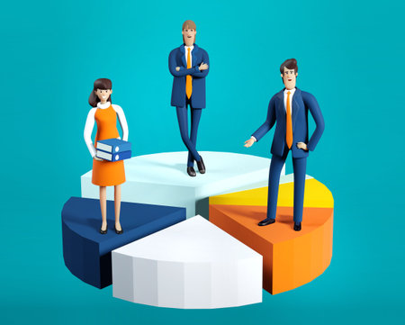 Lots of business people stand at diagram, chart pie. Economy, finance, growth, data analysing,...