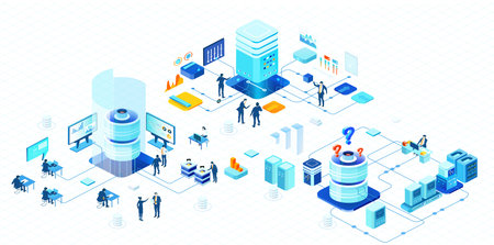 Isometric 3D business environment. Business management. Isometric office space, server room with...