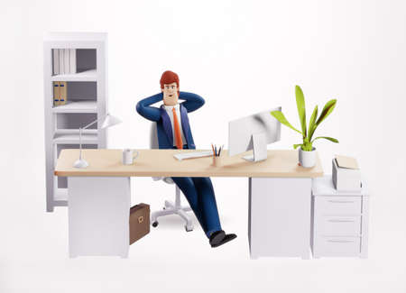 3D rendering illustration. Successful happy businessman working in office by his desk. Office working environment. Busy businessman working with computer, thinkingの写真素材