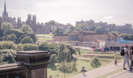 Edinburgh, UK - August 24, 2021: Edinburgh old town view from the City park at sunny dayのeditorial素材