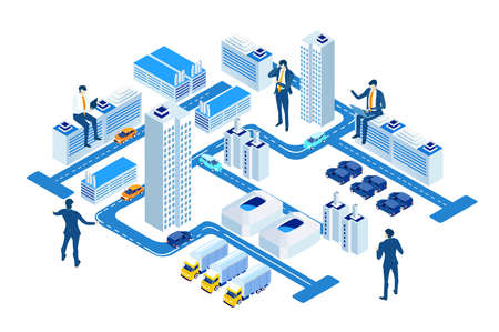 Business, logistics,  banking, investments in the City. Isometric 3D business concept environment, Creative team working together, developing project. Business, finance, logistics concept.のイラスト素材