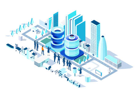 Big data and the city. Business, banking, investments in the City. Isometric 3D business concept environment, Creative team working together, mining bitcoin, cryptocurrensyのイラスト素材