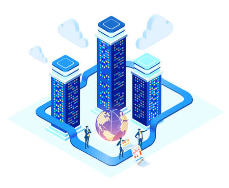 People work in server room. Big data. Isometric 3D business concept environment, Business people having a meeting, technology, big data, computing, artificial intelligence,  concept illustrationのイラスト素材