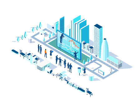Business, logistics,  banking, investments in the City. Isometric 3D business concept environment, Creative team working together, developing project. Business, finance, logistics concept.のイラスト素材