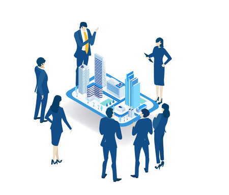 Business people, architects, investors are talking around City model, architectural project....
