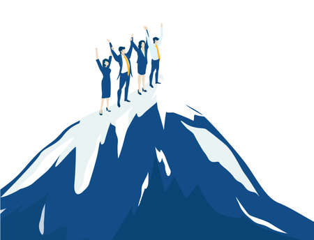 Business team stands on top of the mountain. Winners, success in business, achievement conceptのイラスト素材