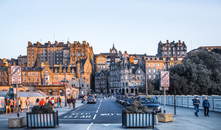 Scotland, Edinburgh, UK - August 25, 2021: Edinburgh city centre view from the Princess street at sunsetのeditorial素材