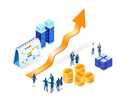 Business people mining crypto currency. Cryptocurrency concept miners and coins, mining equipment, creating block chain. Digital money,  bitcoin, ehperium, new financeのイラスト素材