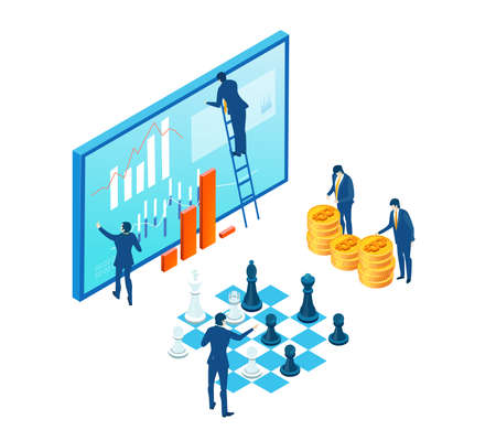 Business people mining crypto currency. Cryptocurrency concept miners and coins, mining equipment, creating block chain. Digital money,  bitcoin, ehperium, new financeのイラスト素材