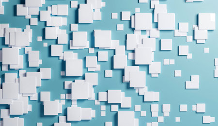 Blue wall with white squares. Abstract background. Business, science, technology concept 3D...