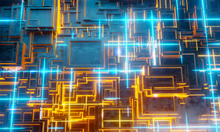 Electronic circuit board close up, computer chip, mother board with neon lights, 3D rendering illustration.の写真素材