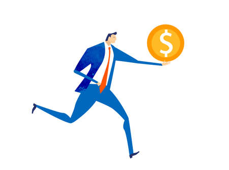 Businessman running with golden dollar.  Business concept illustration.のイラスト素材
