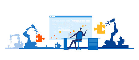 Businessman working by his desk and monitoring robotic's arms, people working with artificial intelligence, robots help people.のイラスト素材