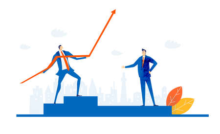 Businessman with red arrow, controlling and monitoring the situation.  Business concept illustration.のイラスト素材