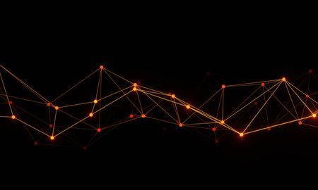 3d rendering illustration. Geometric glowing lines connections, neon lights against of dark...