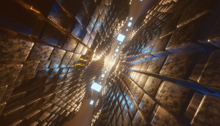 Sci fi technology background, Futuristic sci-fi corridor with metal shapes and glowing neon lights....