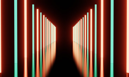 3d rendering illustration. Geometric glowing lines connections, neon lights against of dark...