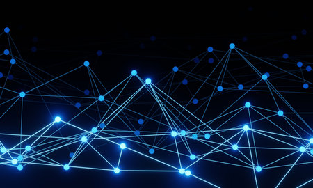 3d rendering illustration. Geometric glowing lines connections, neon lights against of dark...